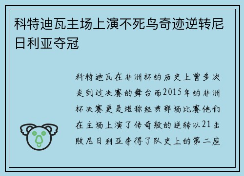 科特迪瓦主场上演不死鸟奇迹逆转尼日利亚夺冠